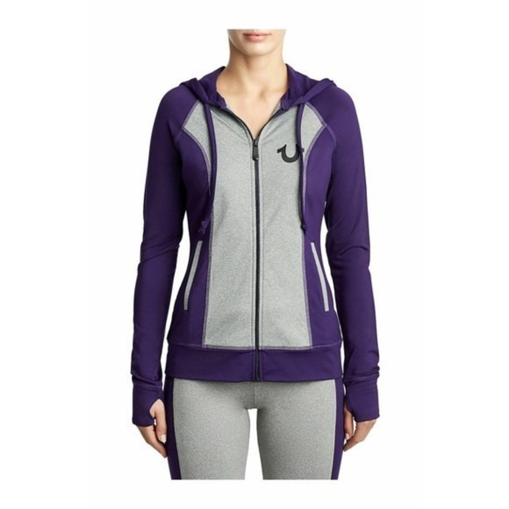 True Religion Sequin Logo Performance Activewear‎ Full Zip Hoodie Purple Sz XL